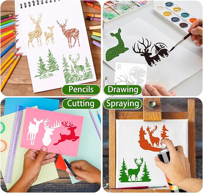 35 Pack Deer Stencils for Painting on Wood, Pine Tree Stencils Deer Head Antlers Stencil Forest Animal Template for DIY Craft Wall Fabric Rock Chalkboard Sign School Art Scrapbook Projects (Deer)