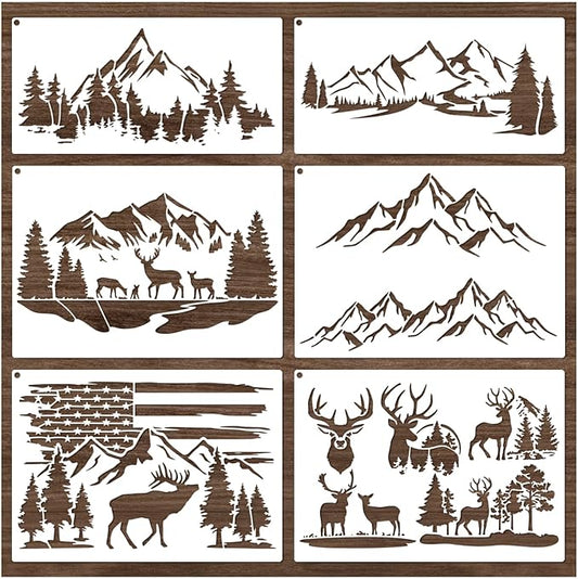 Mountain Stencils for Painting on Wood Burning Stencils and Patterns Reusable Nature Deer Tree Stencils for Crafts Canvas Furniture Wall Drawing Pattern Decorative (Mountain)