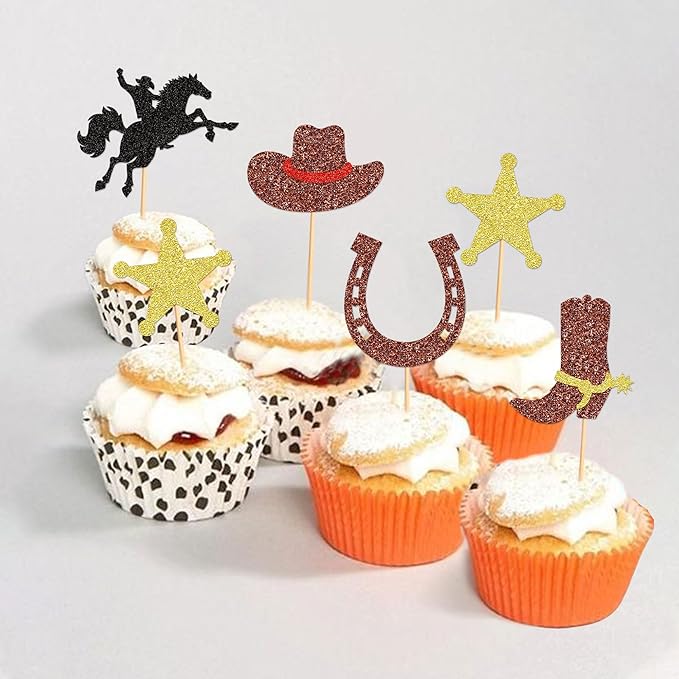 24pcs Cowboy Cupcake Toppers Glitter HorseShoe Cowboy Hats Boots Cupcake Picks Western Theme Baby Shower Boys Birthday Party Cake Decorations Supplies