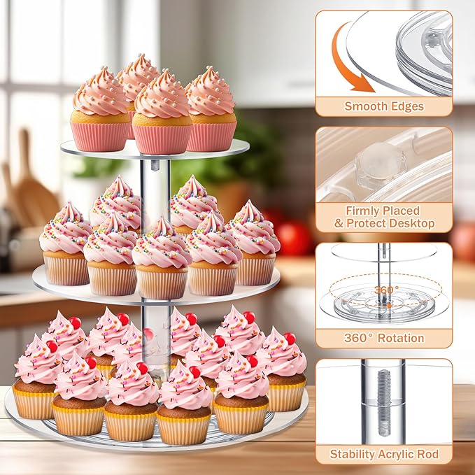 Tiered Cupcake Display Stand Rotatable Cake and Cupcake Tower Stand Combo Clear Acrylic Cake Holder with Tiered Tray for Dessert Pastry Birthday Wedding Party Table(3 Tire and Round)