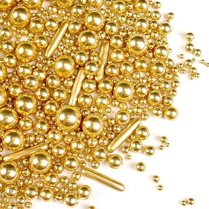 Gold Pearl Rods Sprinkles for Christmas Decorating, Edible Sugar Pearls Rods Candy, 150g/5.29oz, Mix Size Cake Topper Donuts Cupcake Cookie Dessert Decorations, Holiday, Wedding Party, Easter Supplies