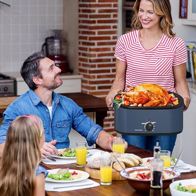 HEYNEMO 24Qt Turkey Roaster Oven Buffet with Self-Basting Lid, 1450W Electric Roaster Oven with Cool-Touch Handles, Removable Pan and Rack, Stainless Steel, Blue