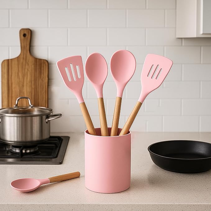 Pink Silicone Kitchen Utensil Set 12-Piece – Heat Resistant Cooking Tools with Wooden Handles, Non-Stick Spatula, Spoon, Whisk, Tongs, and Holder