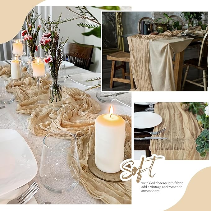 12 Pack Beige Cheesecloth Table Runner 17x108 Inch Semi Sheer Boho Gauze Cheese Cloth Fabric Table Runners, for Wedding Party Baby Shower Birthday Home Decor Garden Farmhouse