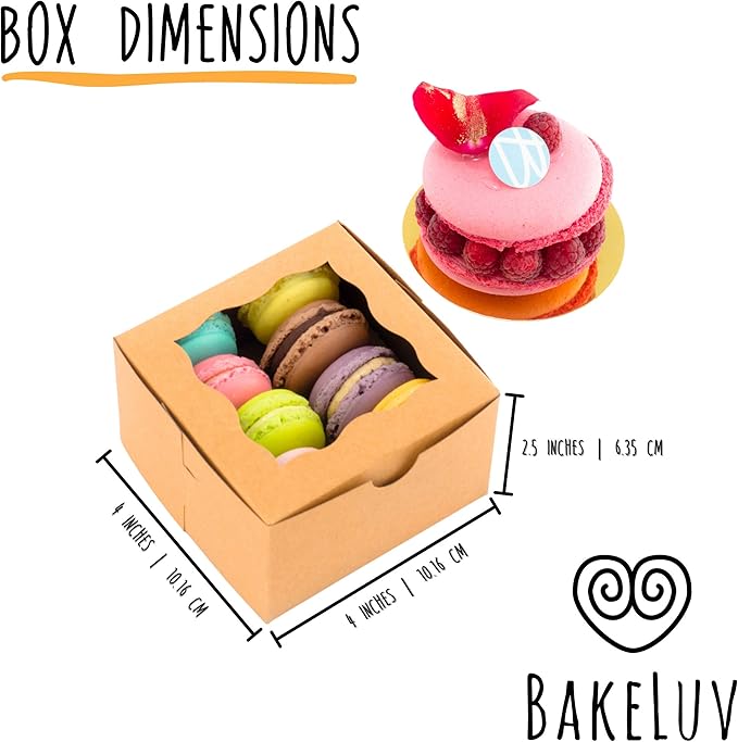 BAKELUV 100pcs Brown Small Cookie Boxes with Window, 4x4x2.5 Inches Bakery Boxes, Mini Cake, Treats, Macaron Packaging, Individual Cupcake, Gift Giving