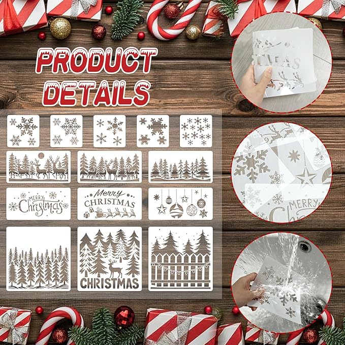 14 Pcs Large Christmas Stencils for Painting, Reusable Plastic Holiday Craft Templates, Christmas Window Stencils for Wood, Wall, Fabric & Doormat, DIY Snowflake Deer Forest Christmas Decorations