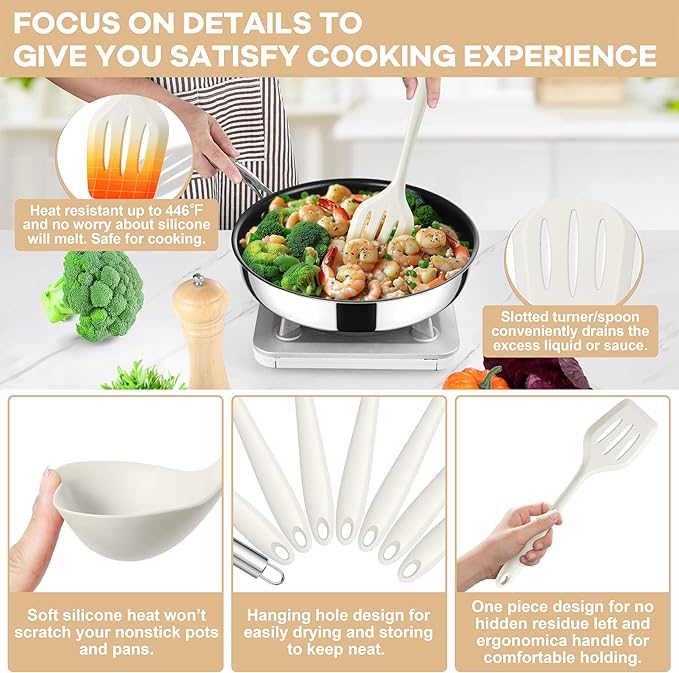 TeamFar 8 PCS Silicone Cooking Utensils - 446°F Heat Resistant Kitchen Silicon Utensils Set, Turner, Spatula, Spoon, Whisk, Kitchen Cooking Gadgets Tools for Nonstick Cookware, Dishwasher Safe-White