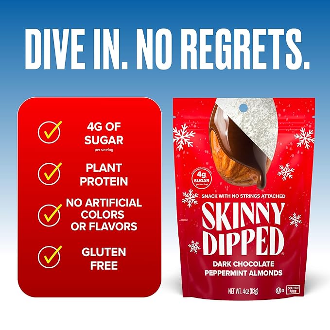 SkinnyDipped Dark Chocolate Peppermint Almonds, Healthy Snack, Plant Protein, Gluten Free, 3.5 oz Resealable Bags, Pack of 5