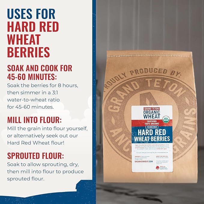 Yecora Rojo Hard Red Wheat Berries by Grand Teton Organic Wheat | Organic Hard Red Spring Wheat Berries for Baking Whole Grain Breads or Milling Into Flour | Non-GMO, (25 Pounds)