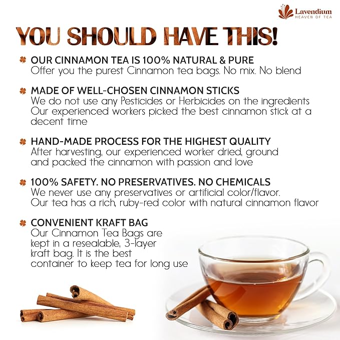 Lavendium, 20 Pure Cinnamon Tea Bags, Made of 100% Natural Cinnamon Sticks, Herbal Tea, No Additives, No Caffeine, No Gluten, Vegan.