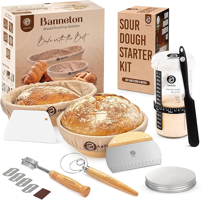 Sourdough Bread Baking Supplies and Starter Kit - Ultimate Bread Making and Sourdough Starter Kit with Proofing Baskets, Sourdough Jar, Bread Lame, Scrapers, and Danish Whisk