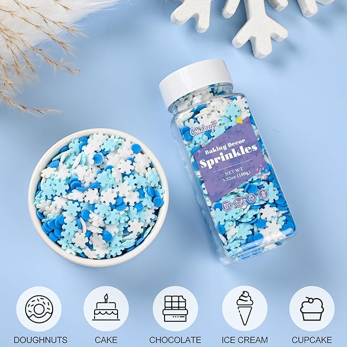 Winter Sprinkles for Cake Decorating, White & Blue Snowflake Sprinkles Perfect for Cupcake Toppers Wedding Party Valentines Halloween Christmas Supplies 3.52 Ounce