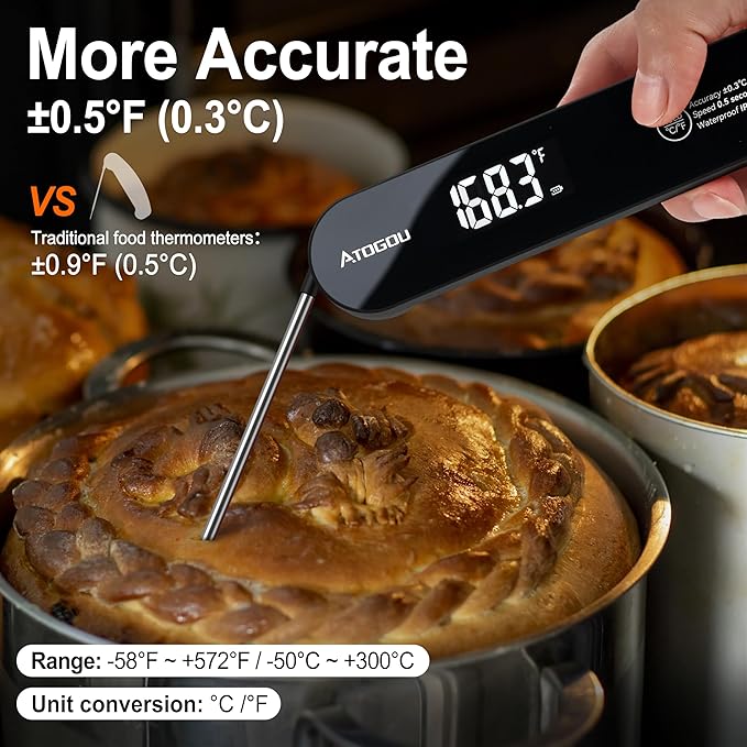 Atogou The Latest Thermocouple Food Thermometer. Faster: <1 Second Response time. More Accurate: ±0.5°F (0.3°C), IPX7 Waterproof, for Meat/Candy/Grill/BBQ etc. TH-22 Black