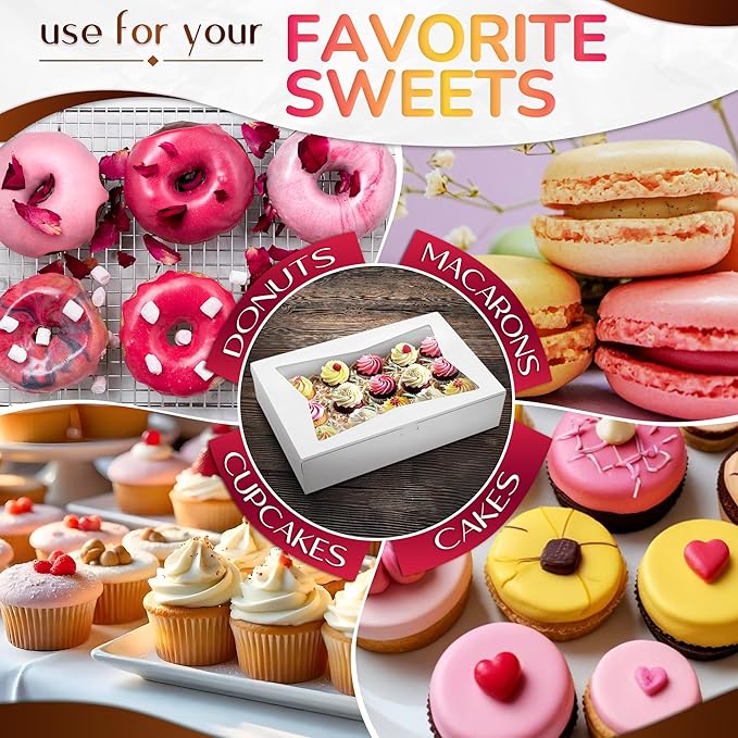 NADOBA 10 Pcs Half Sheet Cake Box Rectangle Set – Durable 19x14x4 In Cardboard Boxes with Window, Flip Top, White Bakery Boxes for Cookies, Cupcakes, Macarons – Recommended for Cake Boards and Stands