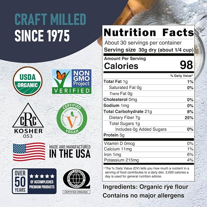 Great River Milling Organic Dark Rye Flour | Whole Grain, Non-GMO, Kosher, Unbromated | Earthy Flavor for Rye Bread, Sourdough Starter, Bagels, Crackers & Artisan Baking | 2 Lb