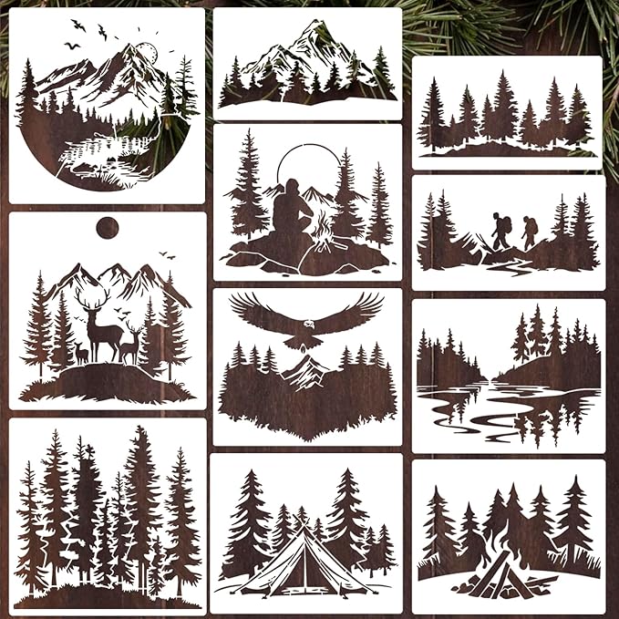 Mountain Tree Stencils for Painting 12” Forest Animal Stencils Pine Tree Stencil Reusable Drawing Templates for Wood T-Shirt Fabric DIY Crafts