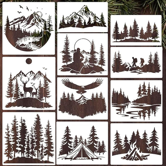 Mountain Tree Stencils for Painting 12” Forest Animal Stencils Pine Tree Stencil Reusable Drawing Templates for Wood T-Shirt Fabric DIY Crafts
