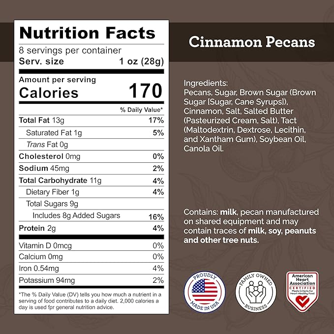 HUDSON PECAN COMPANY: Cinnamon Candied Pecans | Georgia Grown Family Owned. Cinnamon & Sugar Candy Coated, Expertly Baked to Perfection, (Perfect for Salads, Baking, Snacking & Gifting), 8oz