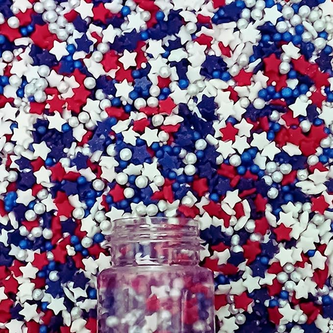 Confect Cake Mate Edible Sprinkles – Red, White, Blue & Silver Pearl & Star Dragees– Cake and Cupcake Decorating Toppings for Cookies & Ice Cream | Vegan, Gluten-Free, Soy-Free, Dairy-Free, Palm Oil-Free- 4.2 Oz