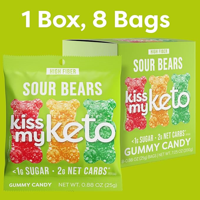 Kiss My Keto Sour Sugar Free Gummy Bears, 32-Pack – Satisfy Cravings while Staying in Ketosis – High Fiber, 6g Net Carbs, Non-GMO, Vegan, & No Gluten – Fruity Sugar Free Gummies