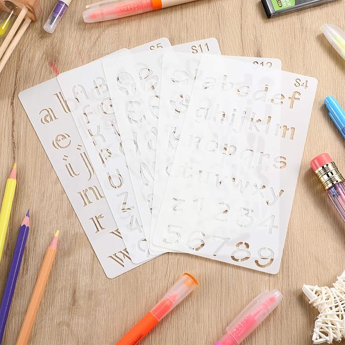 28 Pcs Plastic Letter Number Stencil for Painting Reusable Alphabet Journal Font Template Calligraphy Letter Stencil for Notebook Diary Scrapbook DIY Drawing Wood Glass Door Holiday Decor