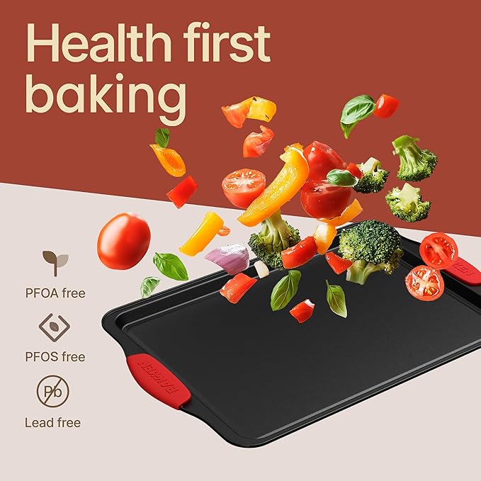 Baking Pan Set – 3 Piece Cookie Sheet – Deluxe Black Non-Stick Carbon Steel – Silicone Handles – Commercial Grade Restaurant Quality – PFOA PFOS and PTFE Free by Bakken