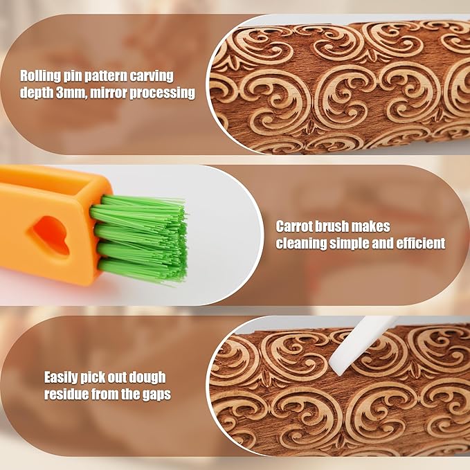 17" Premium Wooden Rolling Pins for Baking with European Embossed Designs | 3mm Deep Springerle Cookie Molds | Christmas Rolling Pin & Baking Gifts for Women | Includes 3-in-1 Cleaning Brush