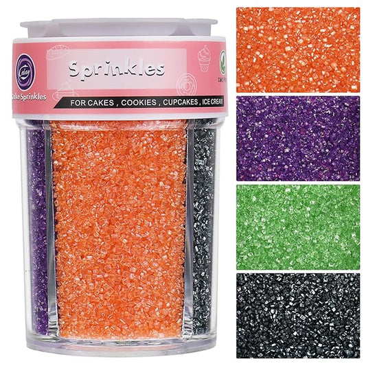 Sanding Sugar Halloween Sprinkles for Cake Decorating, 4 Colors Sparkling Sprinkles Orange Purple Green and Black Decorating Coarse Sugar Crystals for Cupcakes Cookie Ice Cream Baking Topping