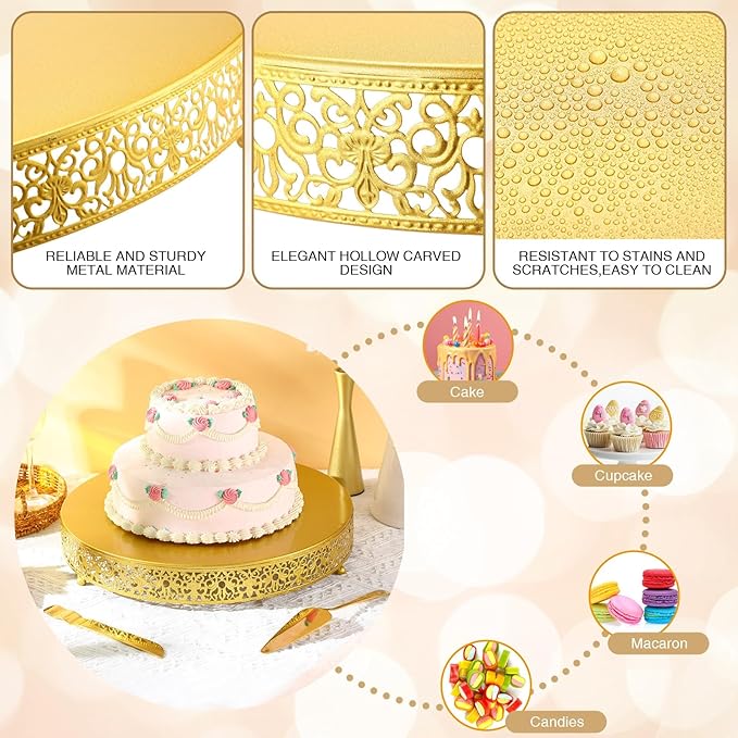 Wenqik 16 Inch Gold Cake Stand Set Metal Round Cupcake Dessert Stand with Cake Cutting, Spatula Cupcake Pastry Display Candy Holder Table Display for Wedding Party Birthday Baby Showers Anniversary