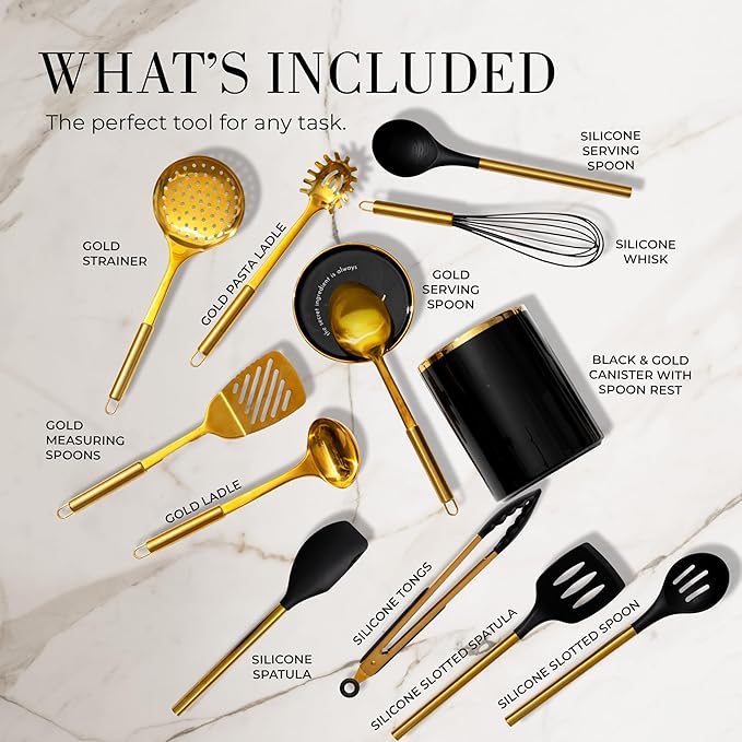 STYLED SETTINGS Black and Gold Cooking Utensils Set - 13-Piece Kitchen Set with Black Ceramic Utensil Holder and Stackable Gold Spoon Rest - Luxury Kitchen Accessories for Stylish Cooking and Serving