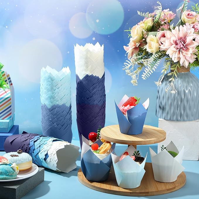 Havawish 500 pcs Tulip Cupcake Liners, Party CupCake Baking Liners Greaseproof Wrappers Muffin Liner Holders for Wedding Birthday Baby Shower Holiday Party Baking Cups (Gradient Blue,Standard Size)