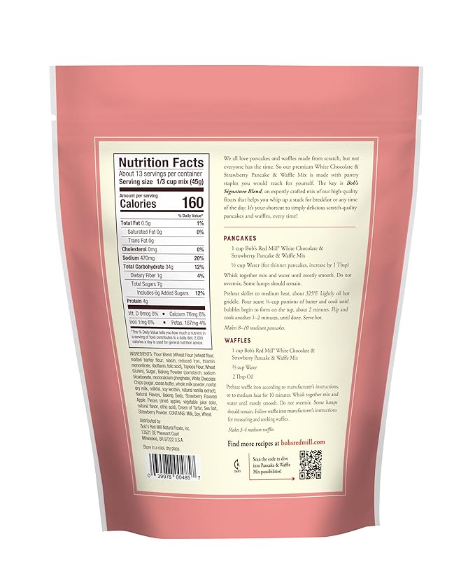 Bob's Red Mill White Chocolate & Strawberry Pancake Mix, 20oz (Pack of 4) - Just Add Water, Makes 32-40 Pancakes per Bag