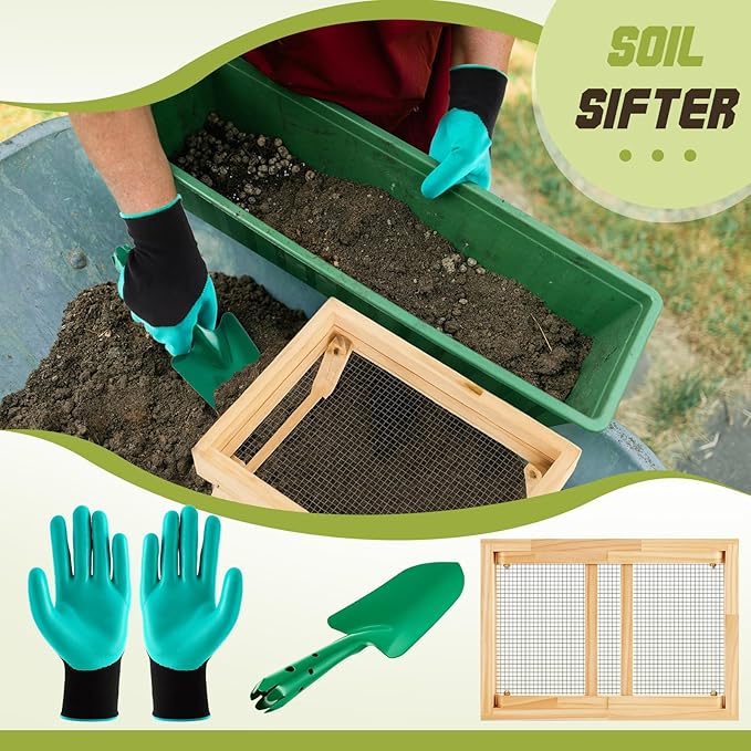 Vicenpal 15.8 x 11.8 Inches Soil Sifter Dirt Sifter with Folding Bracket for Garden Soils Wood Compost Sifters for Rocks Sieve with Shovel Glove Set Tool Screen Soil Peat Moss Leave Loam Sand Plant