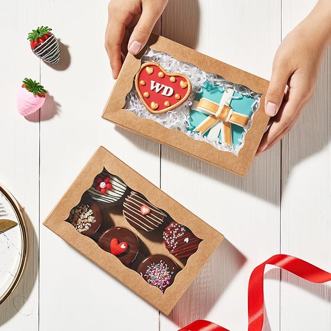 50pcs 7x4.33x1.5 Inch Brown Cookies Boxes with Window Bakery Boxes Cake Pop Boxes Chocolate Macaron Boxes Cakesickle Boxes Treat Boxes for Christmas Valentine's Father's Mother's Day