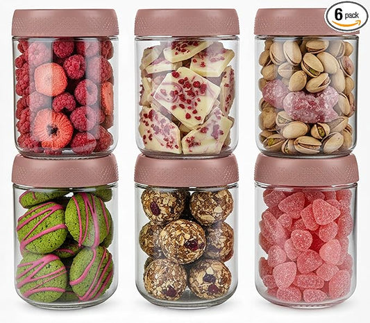 C&O ESSENTIALS 16 oz Glass Mason Jars with Airtight Lids - Wide Mouth Canning Jars for Food Storage, Meal Prep, Overnight Oats, Preserving, Pickling (6-Pack) (Pink)