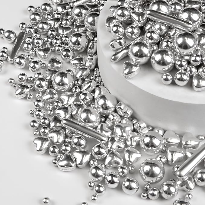Silver Pearl Rods Heart Christmas Sprinkles, Baking Sugar, Silver Sprinkles for Cake, Mix Size, Cupcake Decoration, Holiday, Wedding Party Supplies, Foodgrade Decorating