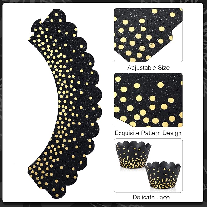 Zhehao 60 Pcs Gold Polka Dots Cupcake Wrappers Adjustable Graduation Cupcake Liners Paper Baking Cups Disposable Muffin Liners Holders for Birthday Baby Shower Wedding Party Supplies(Black)