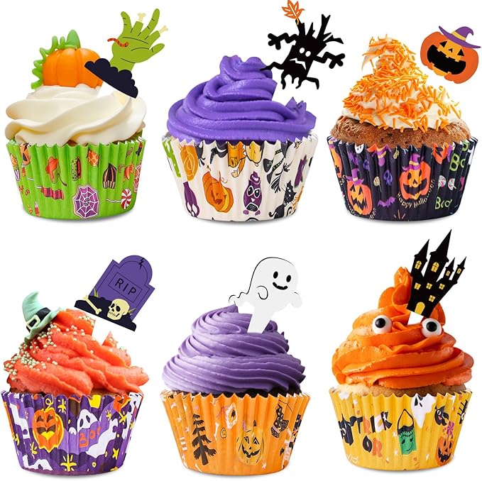 Halloween Cupcake Liners with Toppers Picks, Standard Wrappers Cupcake Disposable Baking Cups Muffin Liners for Halloween Party Decorations Supplies (150 Liners & 150 Toppers)