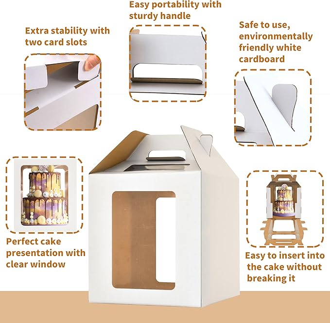 10x10x10 & 12x12x12 Tiered Cake Box with window,8in 10in 12in Tall Cake Boxes for Tier Cakes,Layer tall baking carrier, tier cake boxes (2 pack)