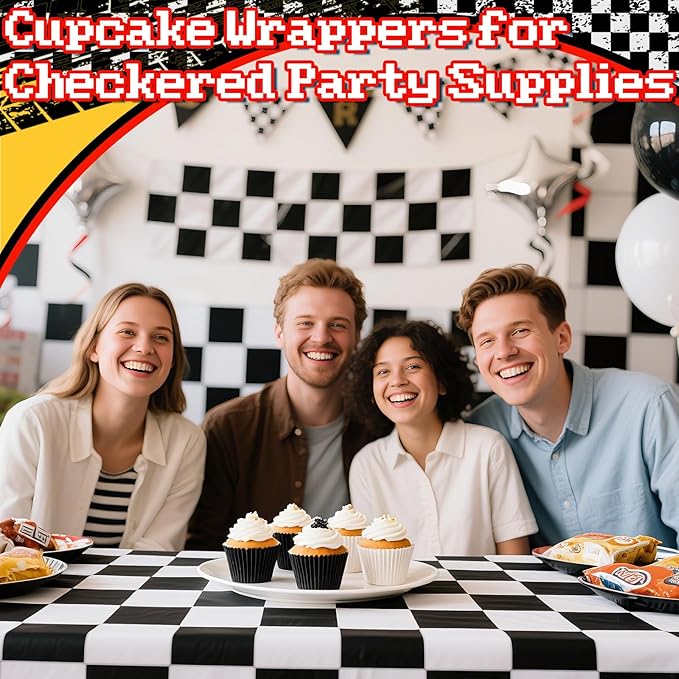 200PCS Black and White Cupcake Liners Mini Muffin Baking Cups Wrappers for Race Car Birthday Party Supplies Disposable Cupcake Papers for Black and White Soccer Party Decorations