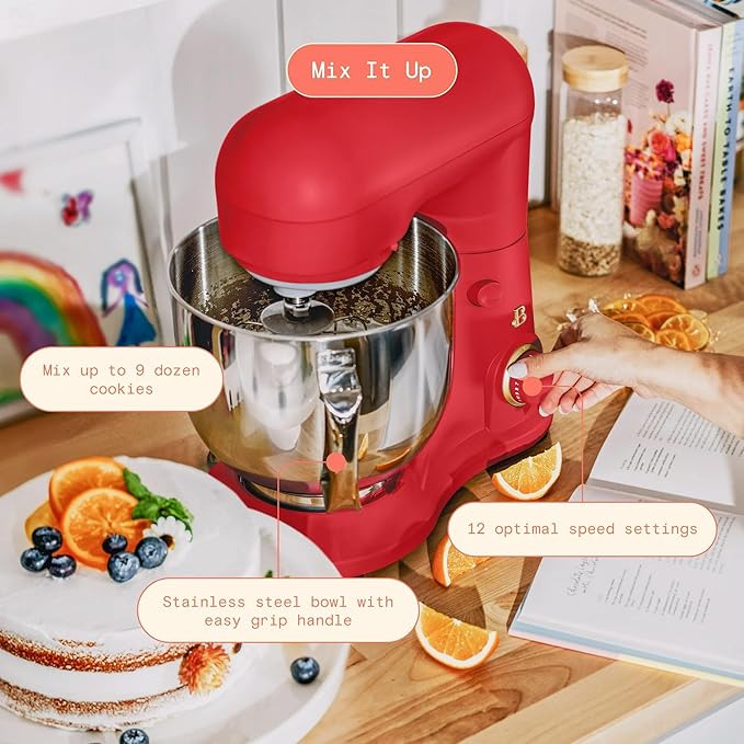 Beautiful 5.3 QT Stand Mixer w/Tilt-Head Design, Stainless Bowl, 300-Watt Power, 12-Speed Control, Includes Beater, Dough Hook, Whisk, Splash Shield (Tomato Red)