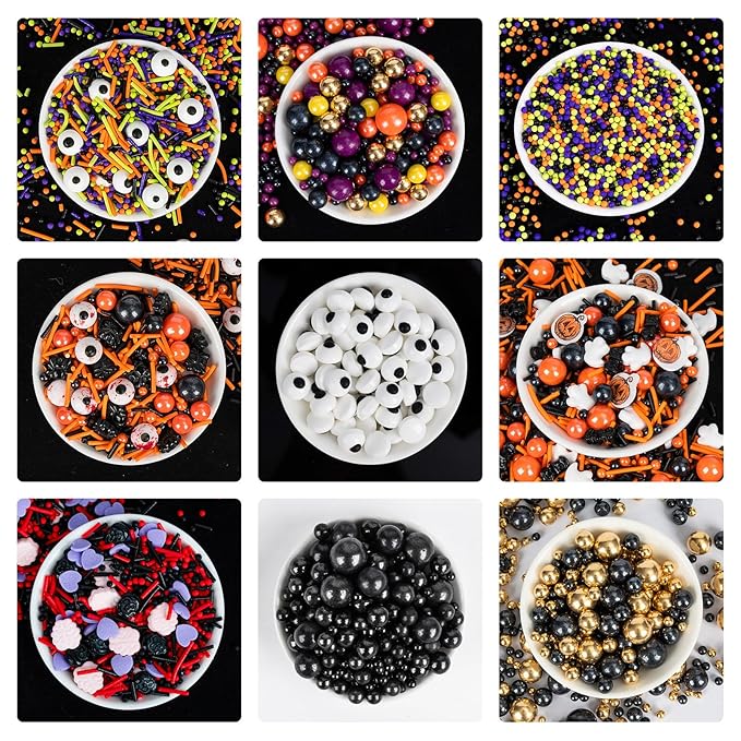 Edible Halloween Sprinkles,Black White Eyes Purple Green Orange and Black Pearls and Jimmies Mixed,130g/4.58ounce,Monster Sprinkle Perfect for Cake Decorations, Baking, Ice Cream, Cookies, Cupcake Topper,Halloween Supplies Children's Party
