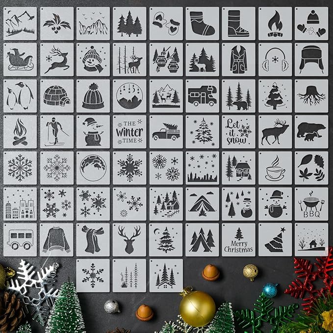 66 Pcs Small Stencils for Crafts Reusable 3 Inch Stencils for Painting on Wood DIY Craft Paint Template for Wall Home Decor Card Rock Canvas Drawing Holiday Ornament(Forest)