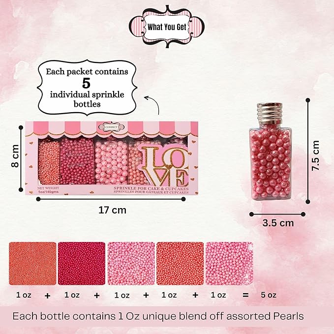 Confect Pretty in Pink Pearl Sprinkles Mix – Pink Sprinkles | Edible Baking Decorations for Cakes, Cupcakes, Cookies – Valentine’s Day & Anniversary Sprinkle Set – Pack of 5 | Vegan, Gluten-Free, Nut-Free, Soy-Free, Dairy-Free , Handcrafted Sprinkle- 5 Oz