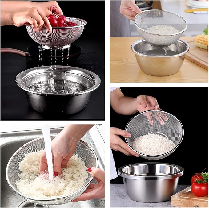 2 Pack Stainless Steel Mesh Colander Kitchen Fine Mesh Strainer Bowl Straining Screen Basket Drainer Rice Washing Bowl Colander Sieve Sifters for Rice, Pasta, Noodles, Vegetables, Fruits