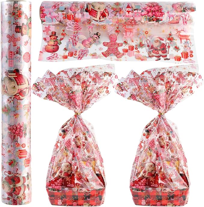Kolewo4ever 100 Ft X 32 inch Pink Christmas Cellophane Wrap Roll Vintage Xmas Cellophane Wrap with Special Santa Claus Elk Xmas Tree for Christmas Gift Basket,Treat Wine