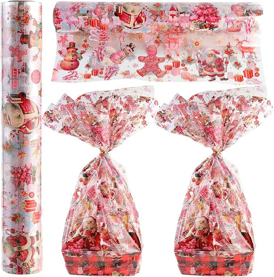 Kolewo4ever 100 Ft X 32 inch Pink Christmas Cellophane Wrap Roll Vintage Xmas Cellophane Wrap with Special Santa Claus Elk Xmas Tree for Christmas Gift Basket,Treat Wine