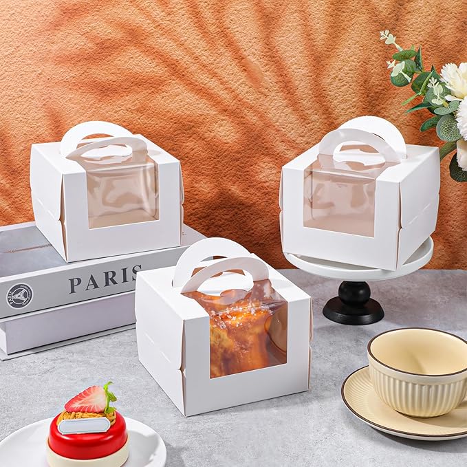 25 Pcs 5 x 5 x 4 Inch White Cake Boxes with Handle & Boards, Easy Carrying Paper Cakes Containers, Cake Holder Window Carriers for Birthday Christmas Birthday Wedding, Party, Gift