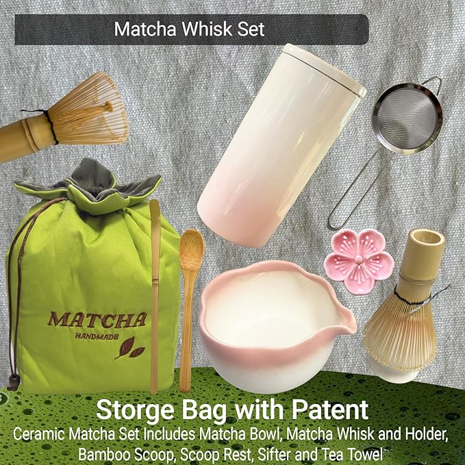 Matcha Whisk Set, 10 Pcs Large Set, Matcha Bowl with Whisk Holder and Spoon Rest All In One Bag, Sakura pink and Matcha Green, Perfect for Enthusiasts, Gift-giving, Christmas Gift