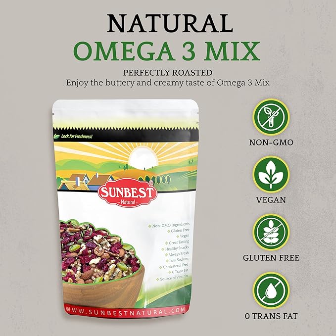 Sunbest Natural Omega-3 Trail Mix – 2 lb Bulk Bag – Mixed Nuts, Seeds & Dried Fruits – Non-GMO, Vegan, Healthy Snack – Perfect for On-the-Go & Outdoor Adventures